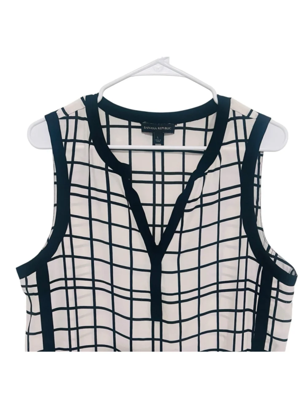 Banana Republic Windowpane Sleeveless Tunic Blouse Large Black White Checked
